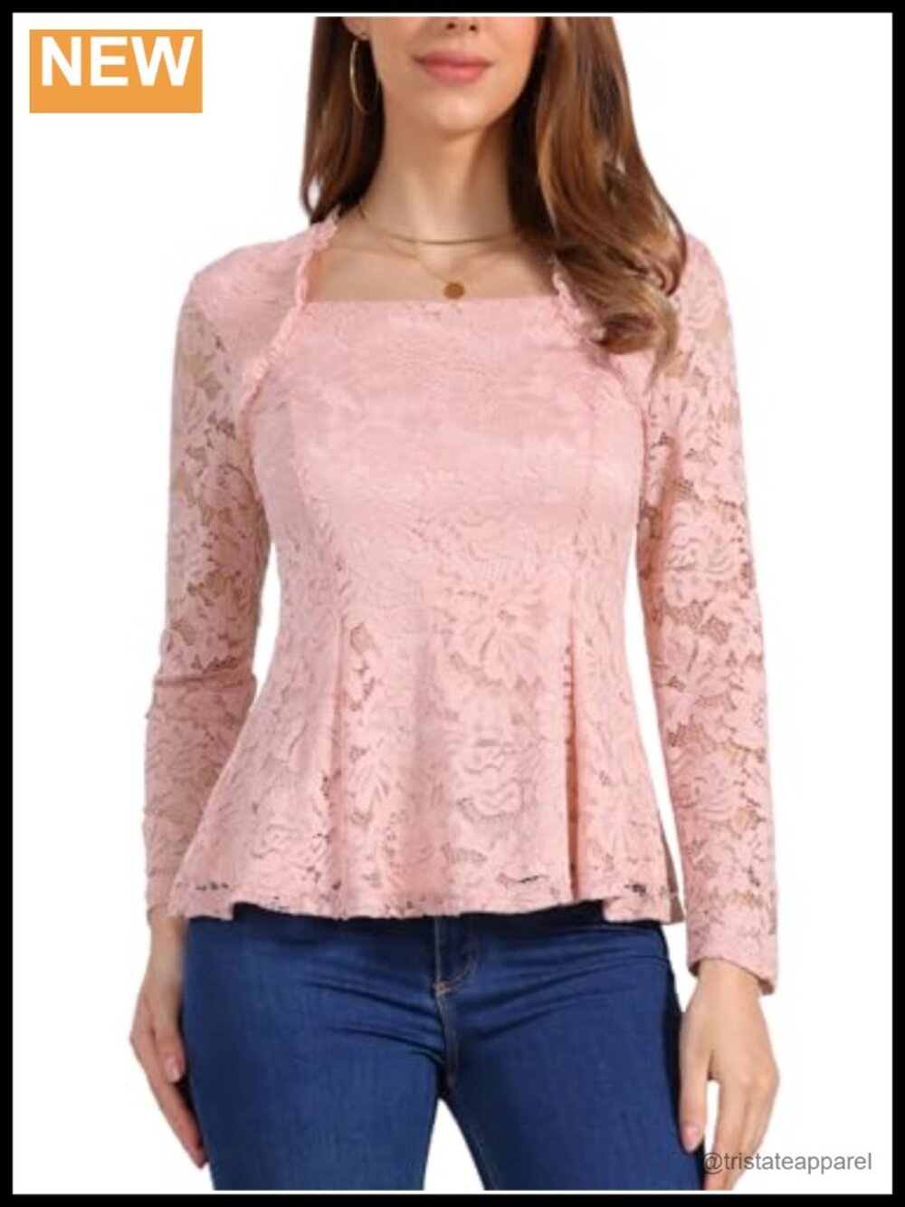 Lace Peplum Blouse Top Square Neck Long Sleeve Stretch